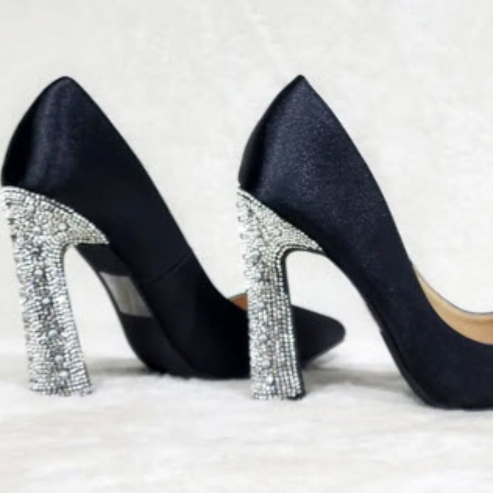 Klume Black Satin Pumps - Chunky Heel with Rhinestones